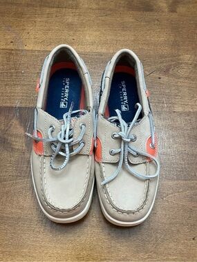 Sperry Two-Tone Tan and Coral Boat Shoes, Semi New, Sz. 3.